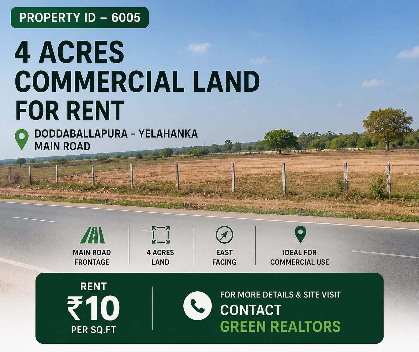 🆔 *PROPERTY ID – 6005* 🏢🌿 *4 Acres Commercial Land for Rent  –  Yelahanka to Doddabalapura Main Road*